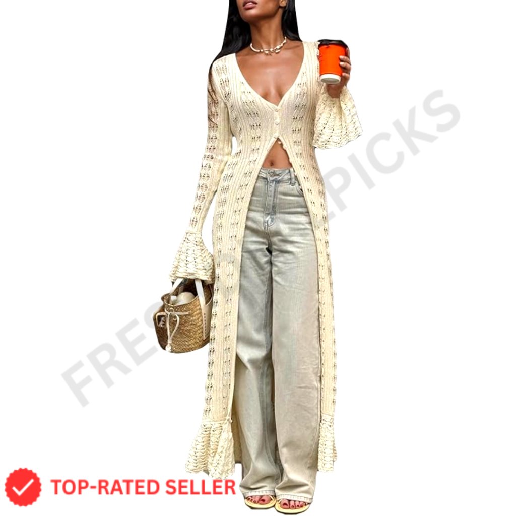Long Cardigan Crochet Hollow Out Knit Sweater Maxi Dress Button Down Boho